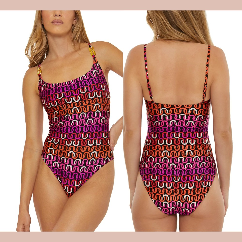 NWT $172 Trina Turk [ 12 ] Echo Scoop Neck One‎ Piece Swimsuit Pink Black 6938